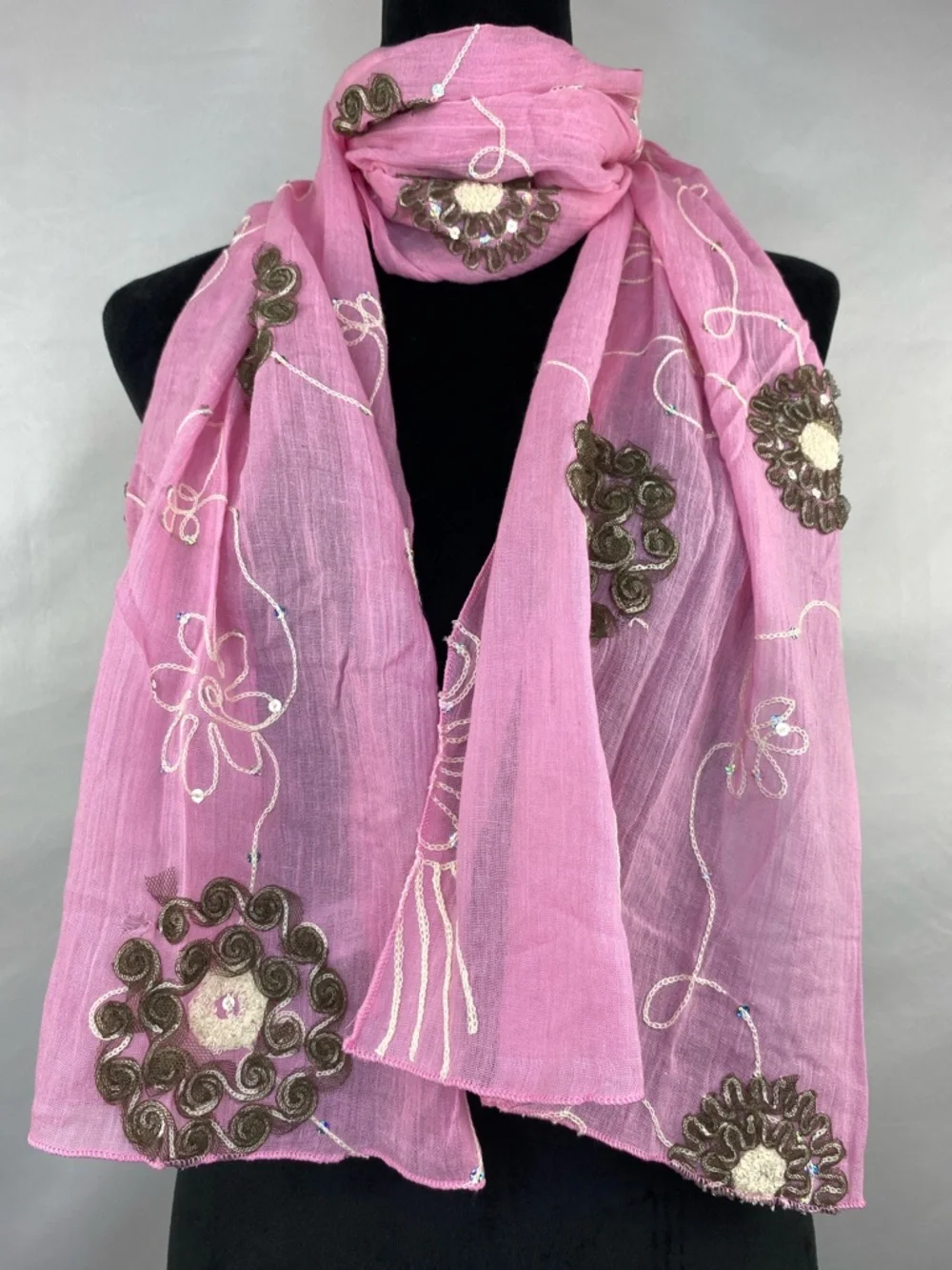Vintage Y2K Boho Tickled Pink Embroidered Sequin 100% Cotton Scarf 66”X 15”